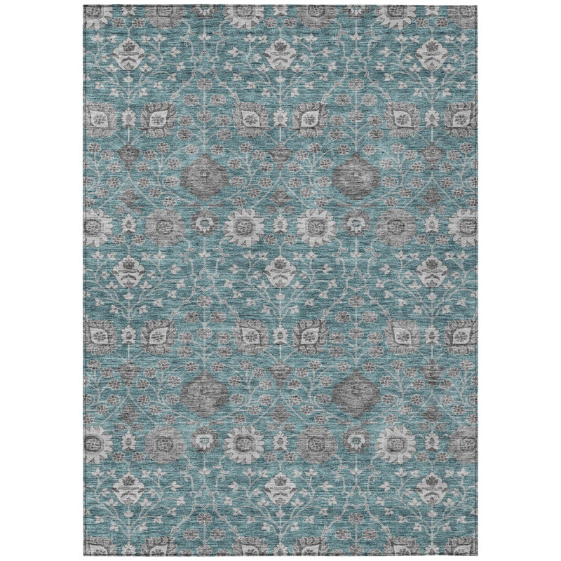 Tapis extérieur lavable floral bleu sarcelle et gris anthracite 10 pi x 14 pi