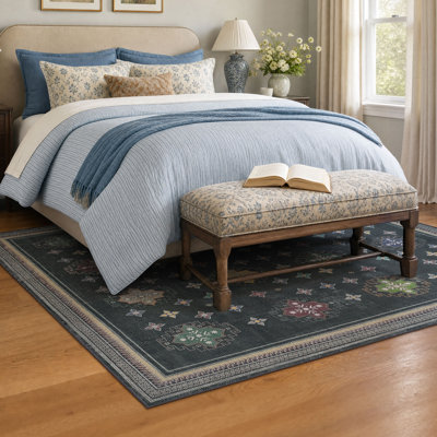 Machine Washable Area Rugs for Bedroom 5x7 Rugs,Soft Low Pile Scattered Multi-Medallion Layout Area Rugs for Living Room, Black