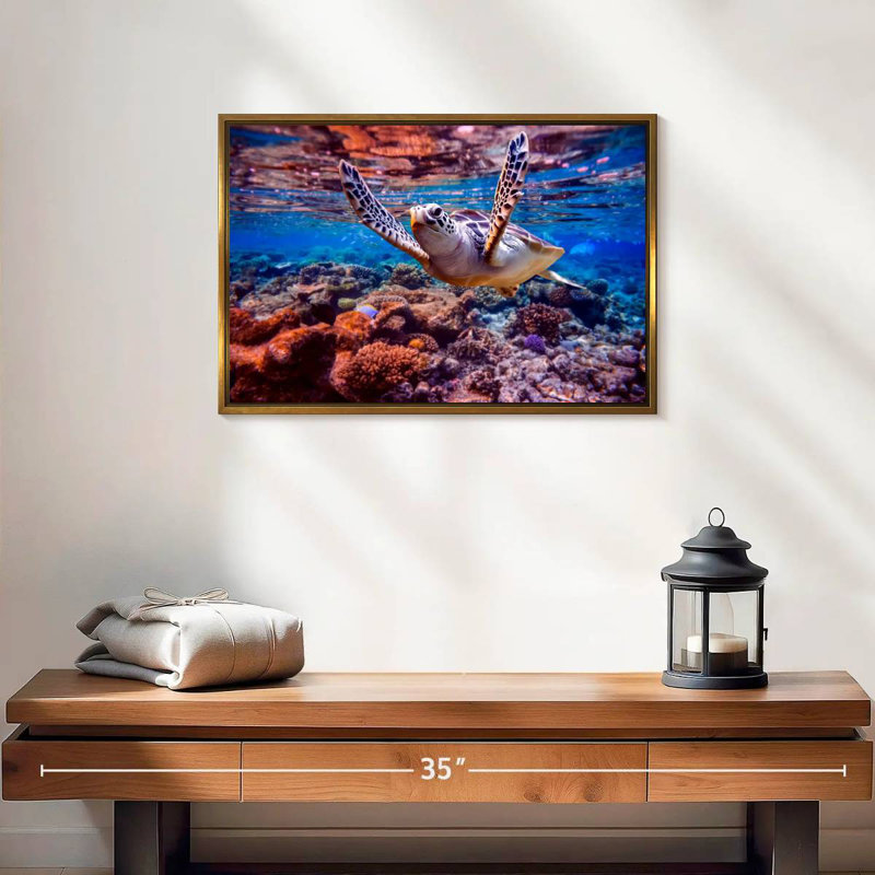 Tortue de mer sur un récif de corail, 19 po x 13 po, Cadre flottant doré