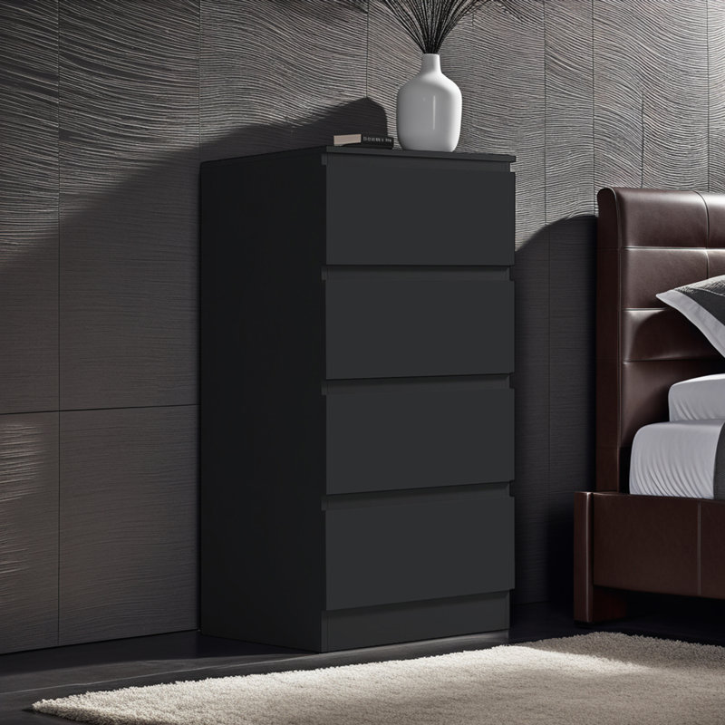 Carlton 4 Drawer Tallboy Chest Of Drawers. 40cm Wide. Matt Finish. Scratch Resistant. Modern No Handle Design., Black