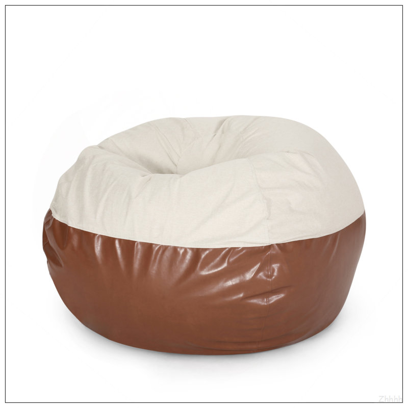 Fauteuil à billes rond Maxi en tissu et similicuir bicolore de 5 pieds, beige et brun café