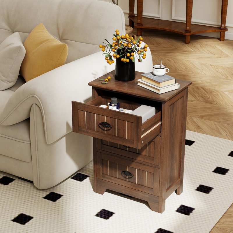 Table de bout Table de chevet avec 3 tiroirs et glissade en bois, Brun, 1