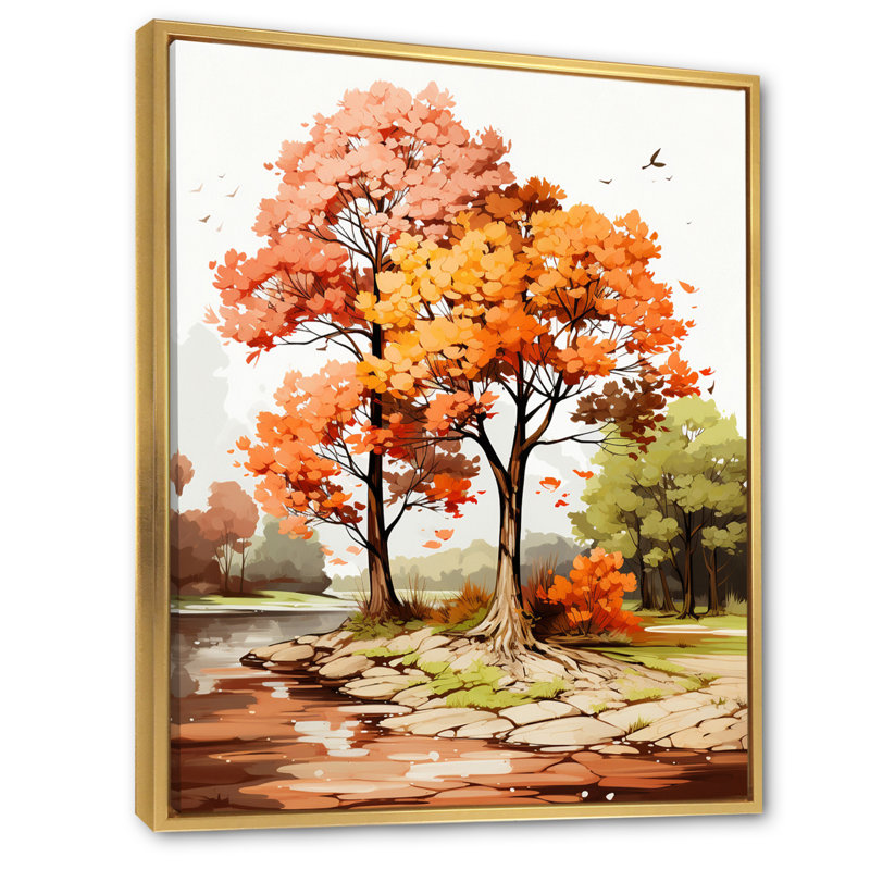 " Two Orange Trees In Autum Watervolor ", 32" H x 16" W x 1" D, Gold Floater Framed