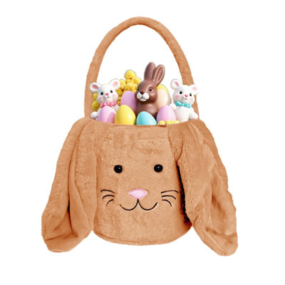 Panier de lapin de Pâques pour enfants, tissu moelleux de chasse aux œufs de Pâques, sac fourre-tout à lapin mignon avec oreille longue et moelleuse, sac fourre-tout de Pâques pour le rangement des cadeaux de bonbons (brun)