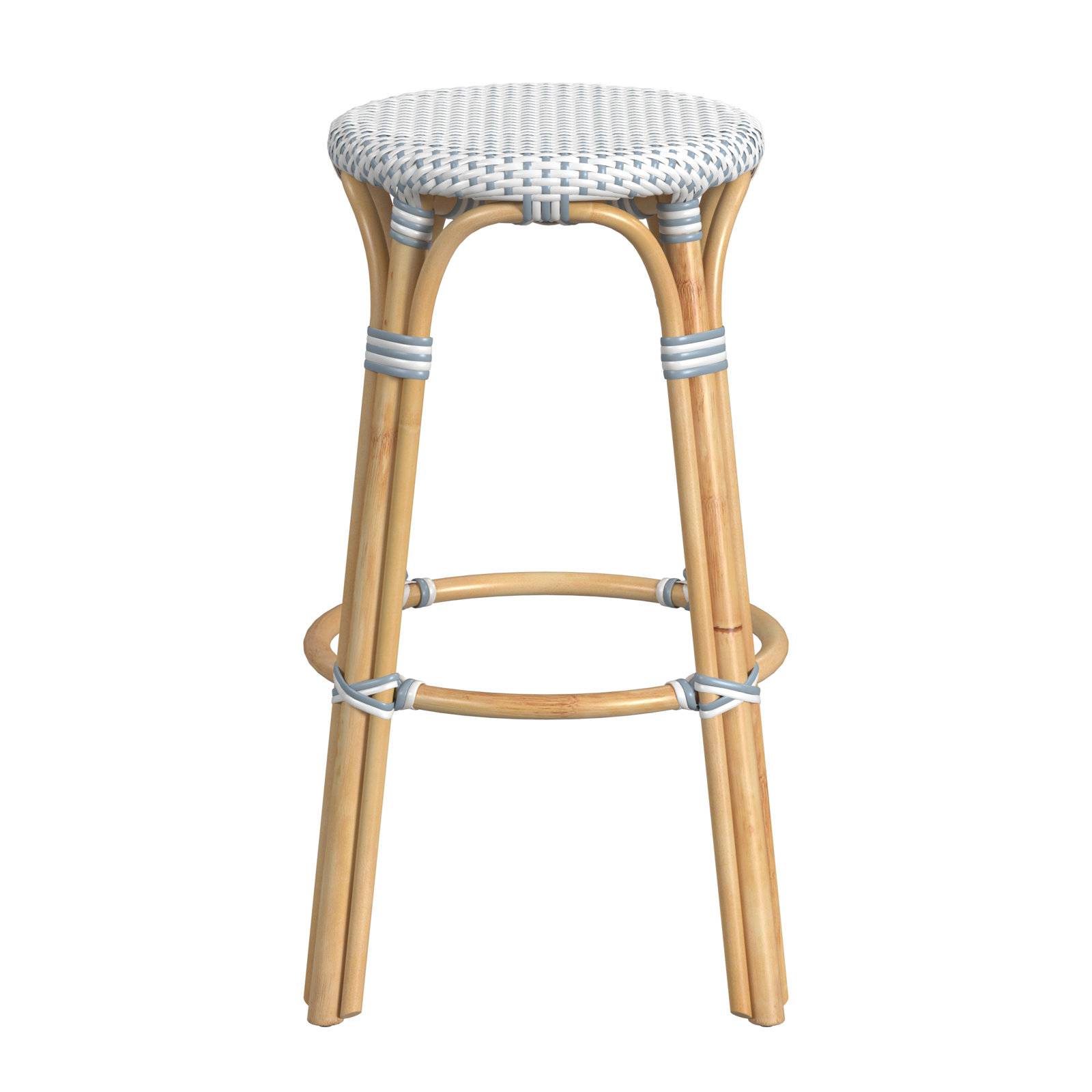 Alastair Bar Stool, Bar Stool (30" Seat Height), White/Sky Blue Dot/Natural Rattan Frame