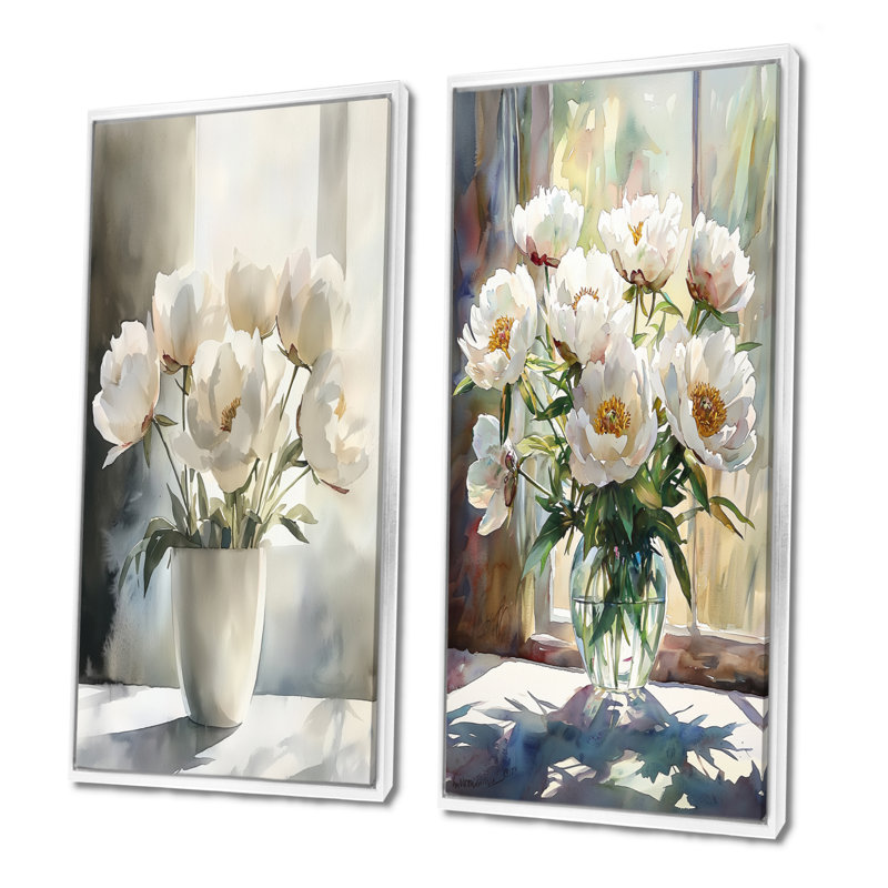 Pivoines et ombres géométriques I - Art mural floral, collection 2 panneaux, H 28 po x l 25 po, Cadre flottant blanc