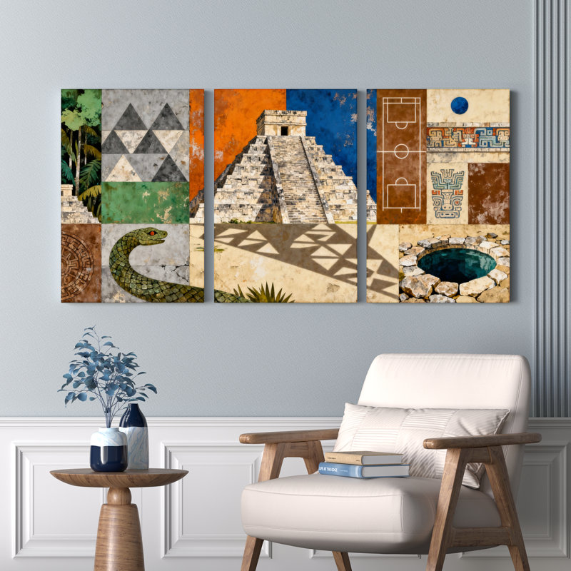 Mayan Pyramid and Aztec Symbol Canvas Wrapped Wall Art, Abstract Cultural Print (Set of 3), 18" H x 36" W