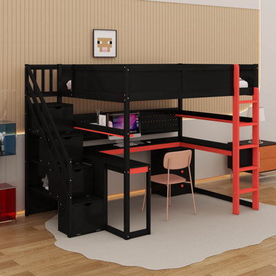 Lit mezzanine en bois avec escalier de rangement, bureau, tablettes et panneau perforé, structure de lit mezzanine en bois avec escalier de rangement