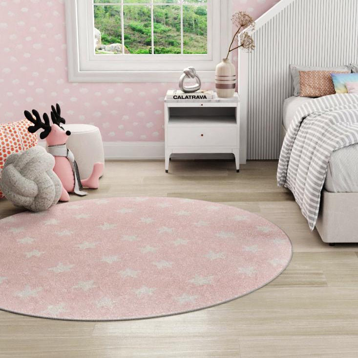 Tapis pour enfant rose / ivoire Whimsy Stars, Rond 3 pi 3 po