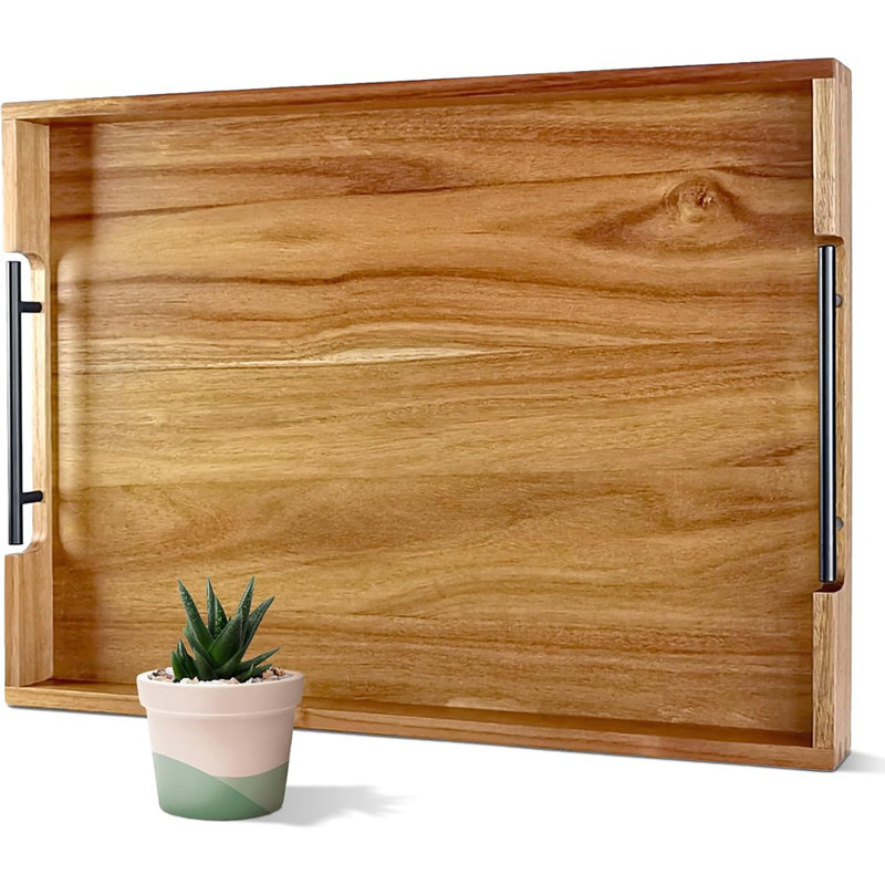 Acacia Wood Serving Tray With Metal Handles, Large Rectangular Tray For Coffee Table, Ottoman, And Home Decor