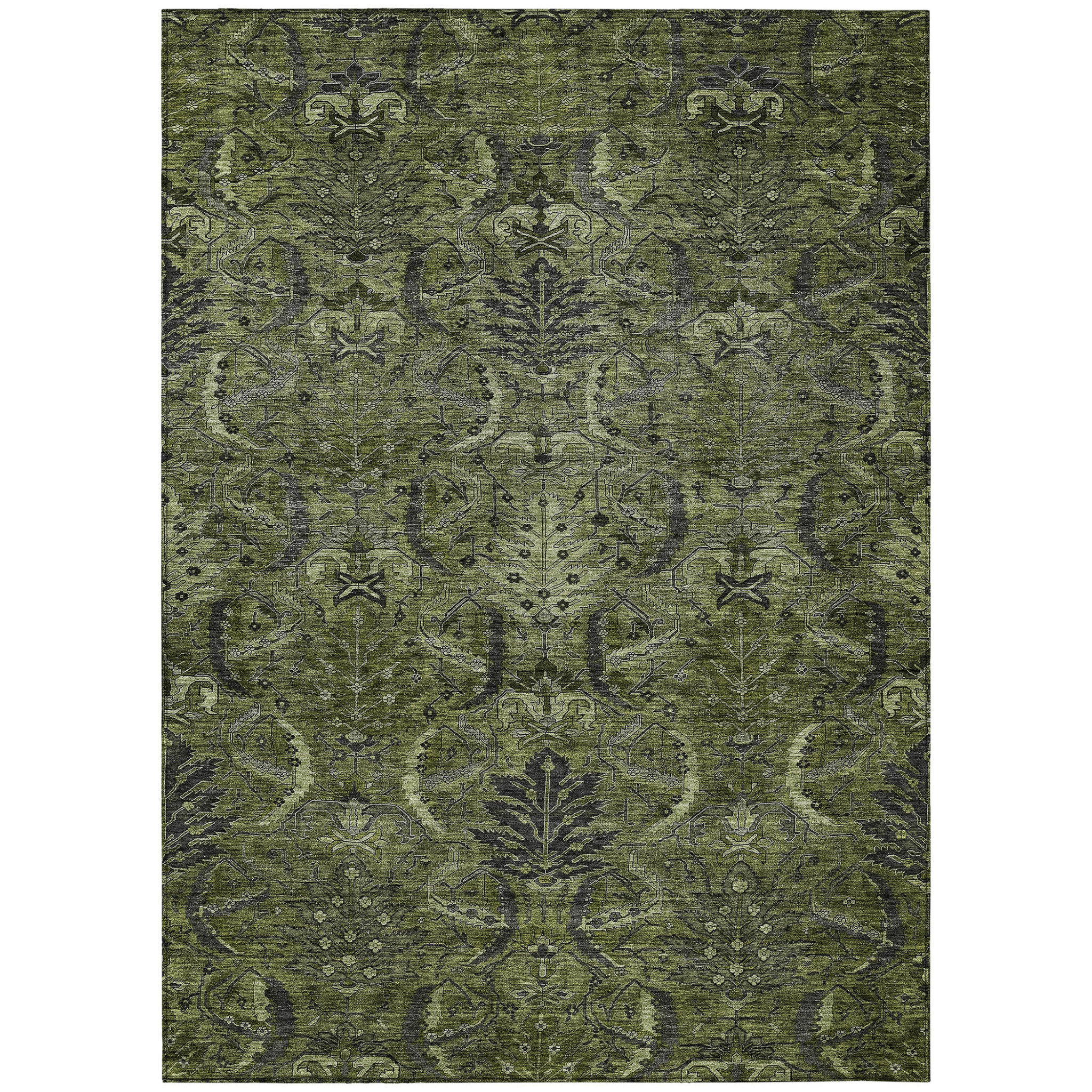 HomeRoots 8' X 10' Olive Green And Charcoal Damask Washable Indoor ...