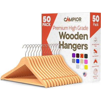 Ensemble de 50 cintres en bois naturel - Robuste, avec crochet pivotant à 360 °, antidérapant, rainures pour bar et épaules - Cintres en bois pour costumes, vestes, robes et camisoles, peu encombrants et à finition lisse