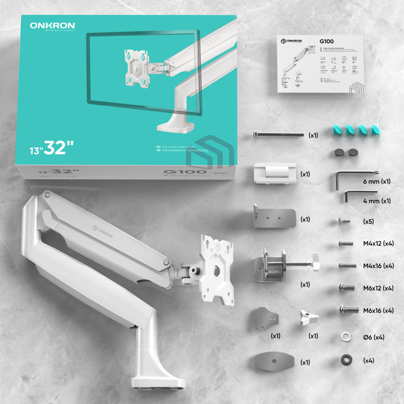 White Full-Motion Gas Spring Monitor Mount with Riser