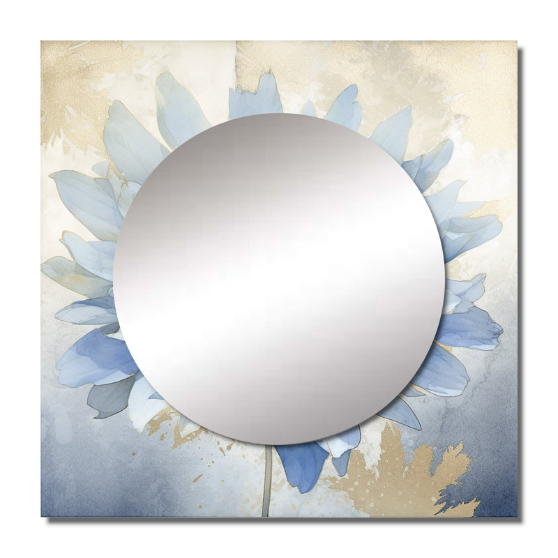 Floraison de fleurs de chrysanthème rétro blanches et bleues - grand miroir carré pour décoration murale, 23 po x 23 po