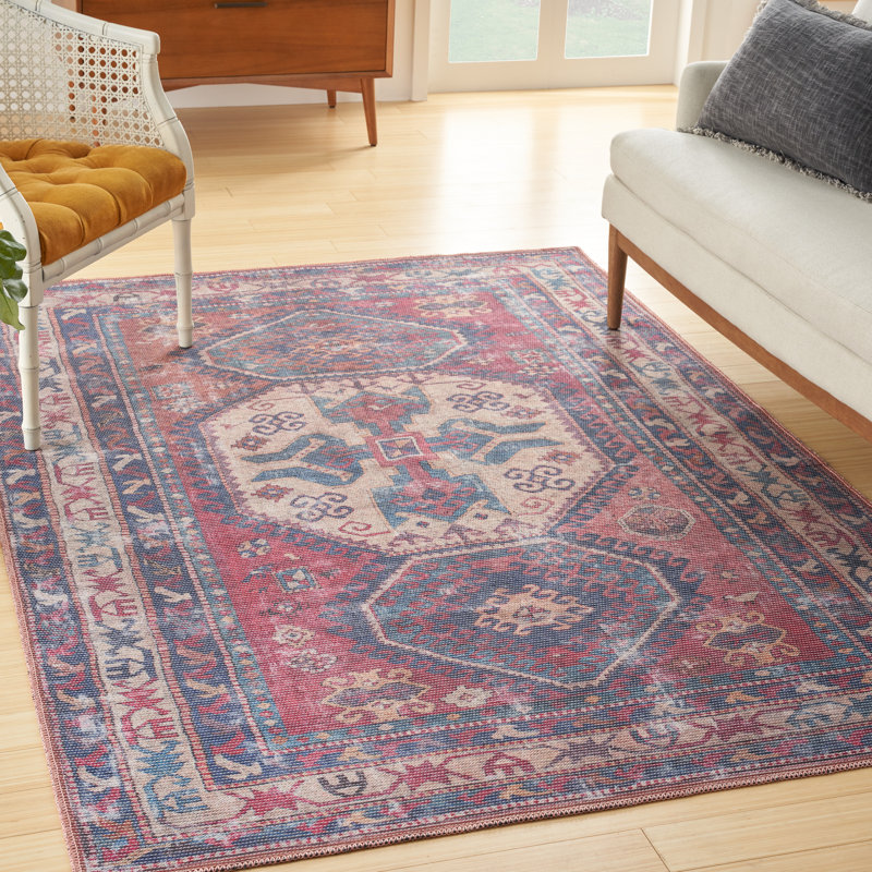 Machine Washable Southwestern Navy/Muted Red/Beige Area Rug, Rectangle 6' x 9'