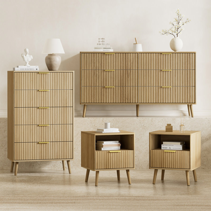 Ensemble de chambre à coucher, commode et tables de chevet 4 pièces, Chêne
