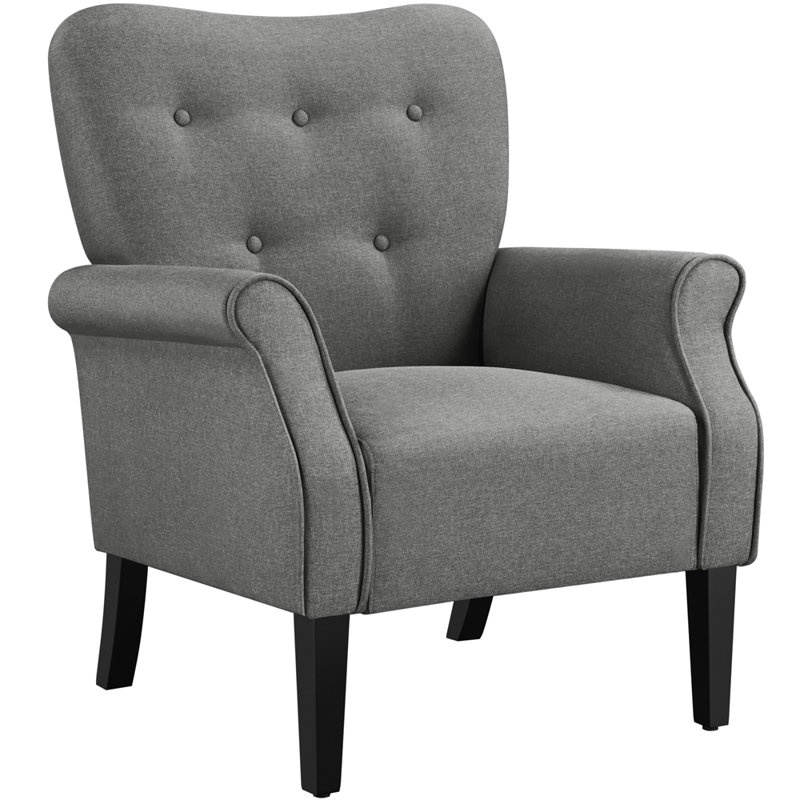 Button-Tufted Accent Chair - Solid Wood Legs with Rolled Arm, Dark Grey