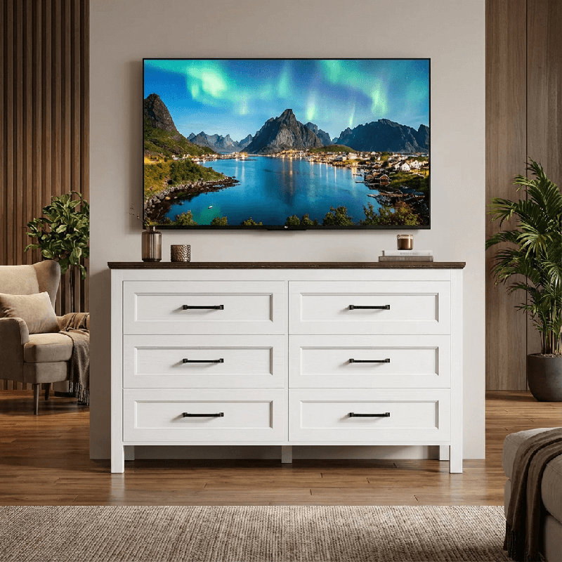 Modern Farmhouse 6-drawer Dresser (54" W), Large Horizontal Storage Chest With 200lbs Top Load, Sturdy Furniture For Bedroom & Entryway