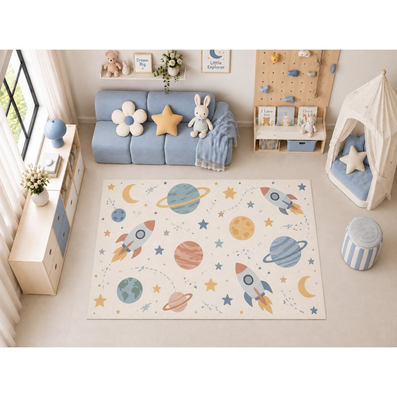 Tapis de sol pour enfants « ultra-fin » 152 x 213 cm (5 pi x 7 pi) avec motif fusées et planètes spatiales et galaxie, idéal pour décorer la chambre ou la salle de jeux. Doux et confortable.