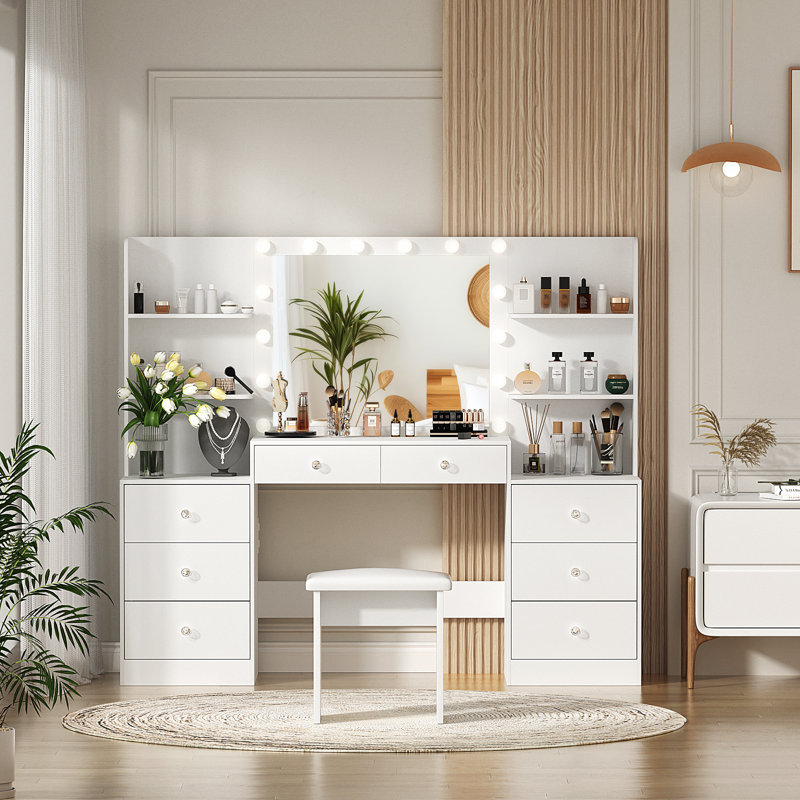 Greyden Zeibak Large Makeup Vanity With 8 Drawers, 14 Lighted Bulbs And Spacious Storage Space, White