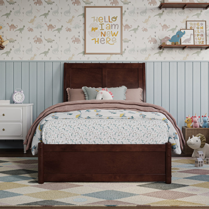 Lamayia Solid Wood Sleigh Platform Bed with Footboard and Storage Drawers, Walnut, Twin