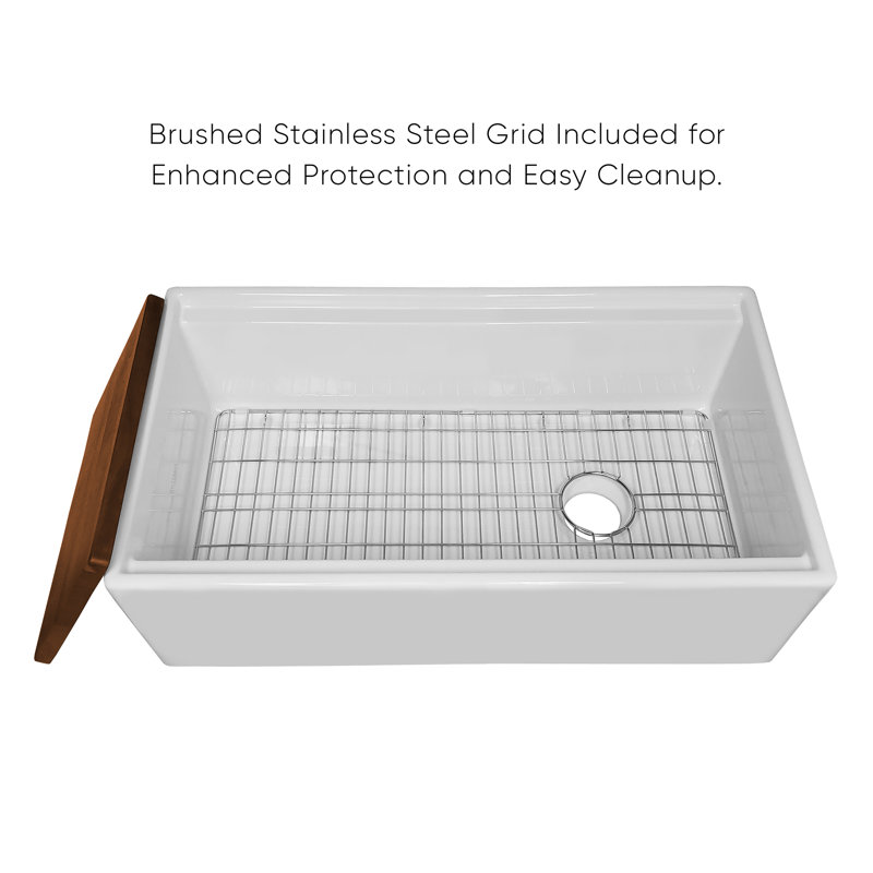 White Fireclay Farmhouse Single Bowl Kitchen Sink with Walnut Cutting Board