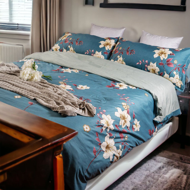 Ensemble de housse de couette réversible en microfibre bleu / blanc 3 pièces Hyer