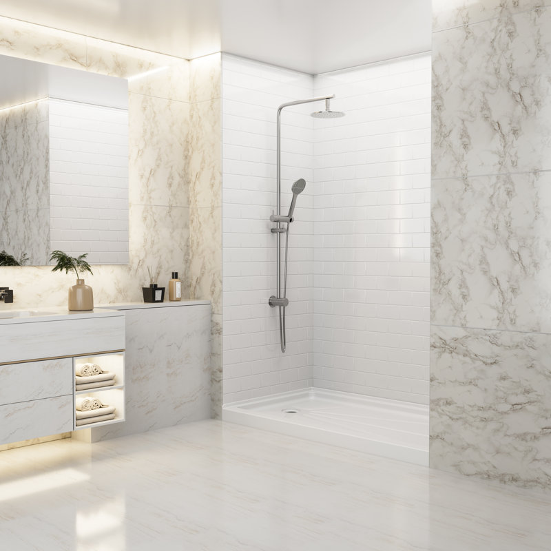 60" W x 36" D x 96" H 3-Piece Glue Up Shower Wall Panel Surround Kit in White Staggered Brick Pattern,Textured Design,Quick Install & Trimmable,1/8" (2.8mm) Thick