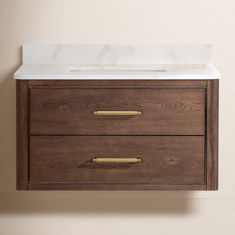 Cristo 36'' Wall Mounted Single Bathroom Vanity with Quartz Top, Dark Brown Oak