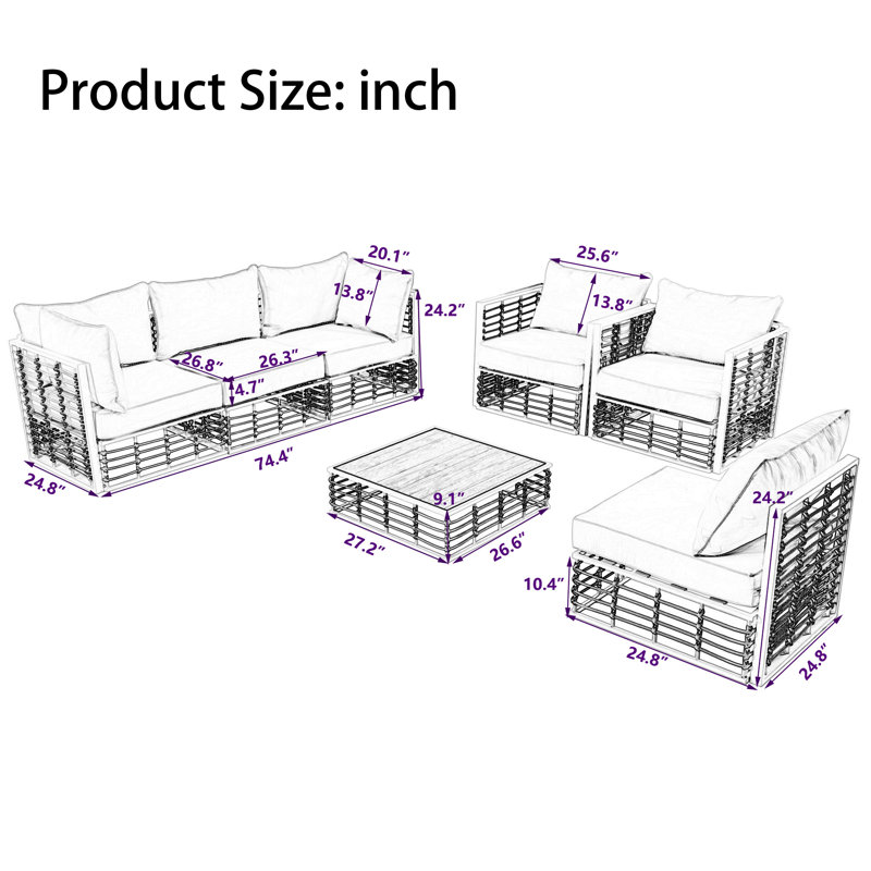 Ensemble de canapé modulaire 7 pièces avec coussins beiges épais et table basse 7 pièces