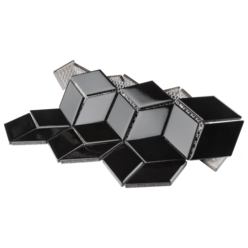 Metro Rhombus 10-1/2 " x 12-1/8 " Porcelain Mosaic Floor & Wall Tile, Glossy Black