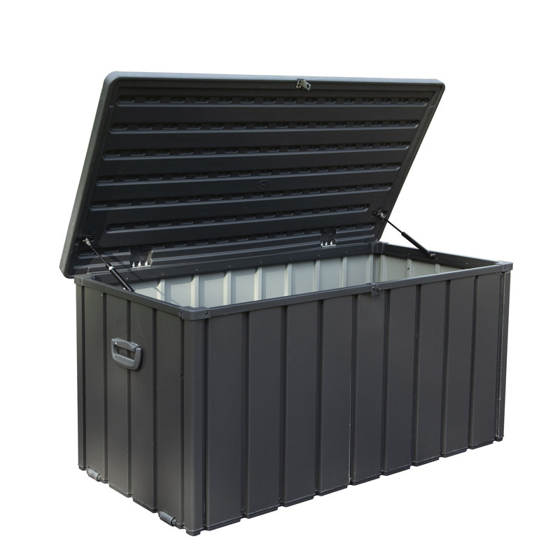 Boîte de terrasse extérieure 100 gallons - imperméable, pour fournitures et outils de jardin Coussins de patio imperméables et verrouillables gris foncé