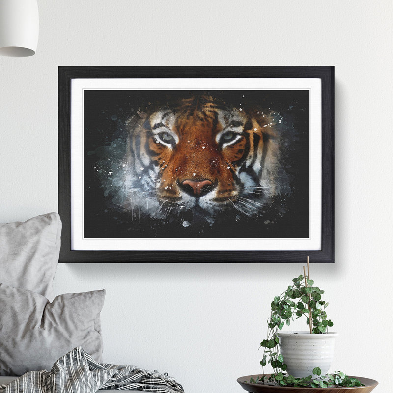 Tiger in the Blue - Picture Frame Graphic Art Print, 24cm H x 33cm W x 2cm D, Black Framed