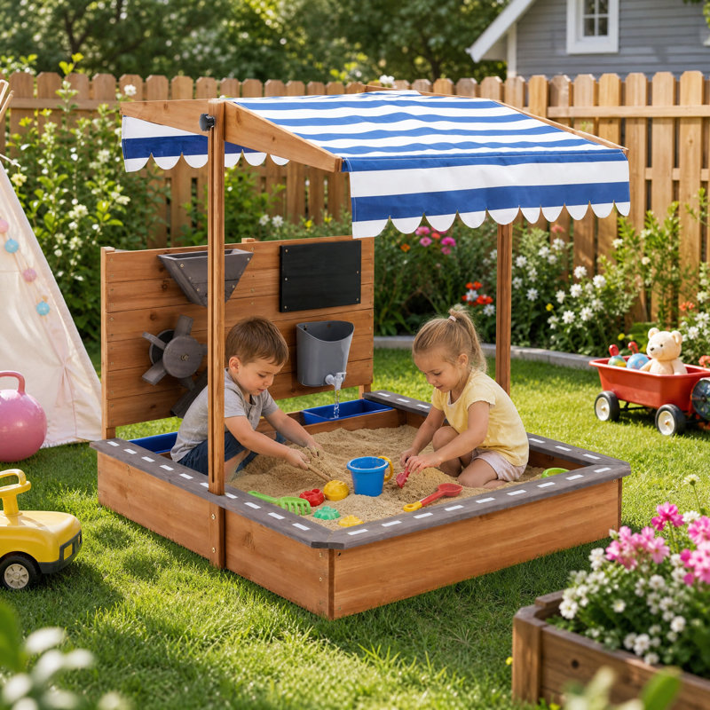 44'' x 40.3'' Wood Outdoor Sandbox - Bring Beach Toy with Height-Adjustable Roof for Beach,Garden