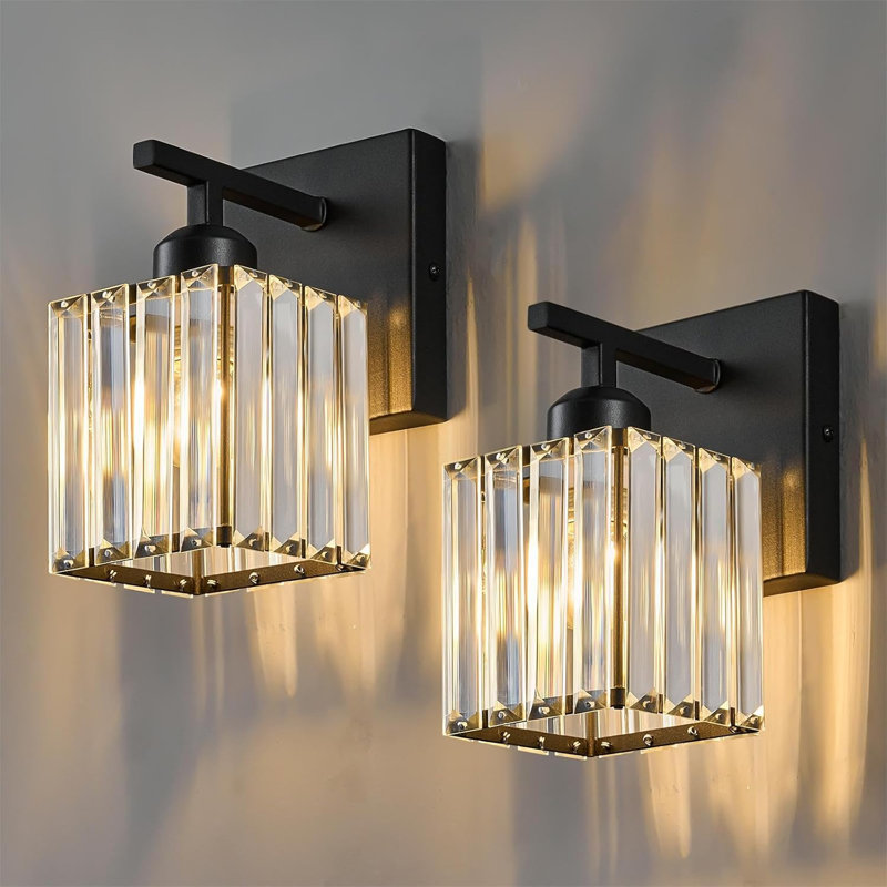 Modern Crystal Wall Sconce Set Of Two With E26 Socket, Easy Installation For Indoor Bathroom Vanity Lighting, Matte Black