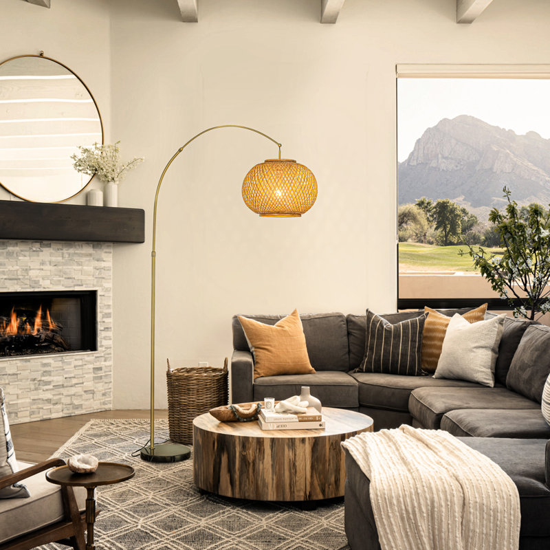 Arneshia 75" 1-Light Arc Floor Lamp with Hand-woven Bamboo Shade and Marble Base, Antique Bronze