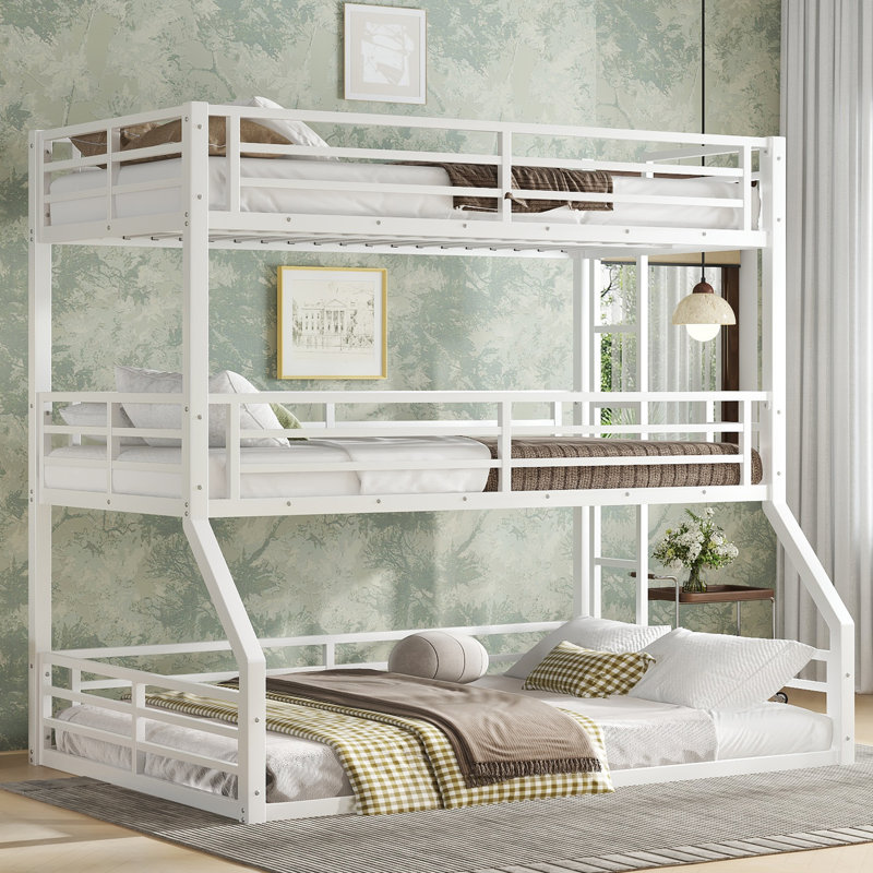 Twin Xl Over Twin Xl Over Twin Xl Bunk Bed, Metal Triple Bunk Bed With Safety Guardrails, Heavy-Duty Bunk Bed With Noise-Reduced Design, White