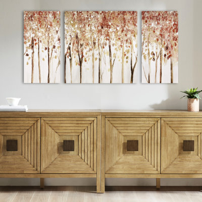 3 Autumn Forest Wall Art - Home Decor Object, Handcrafted Texturing, , 27"X27" Center & 13.5"X27" Sides, Red Gleam, , Canvas, Gel Canvas , Interior Decor, Handmade Texture, Hangers, 13.5"X27",