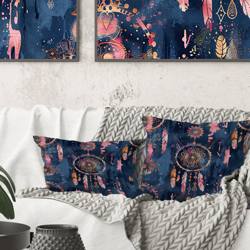 Coussin bohème rose, rose et bleu, H 16 po x l 16 po, Carrée