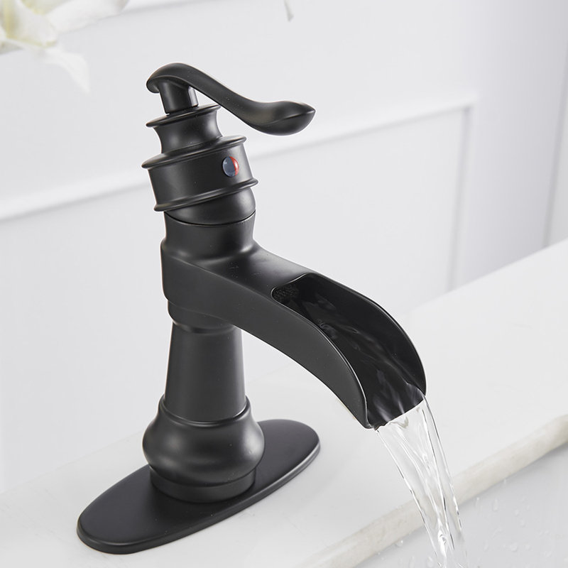 Deluge Waterfall Matte Black Single Hole, Single Handle With Drain Assembly & Deck Plate, Matte Black