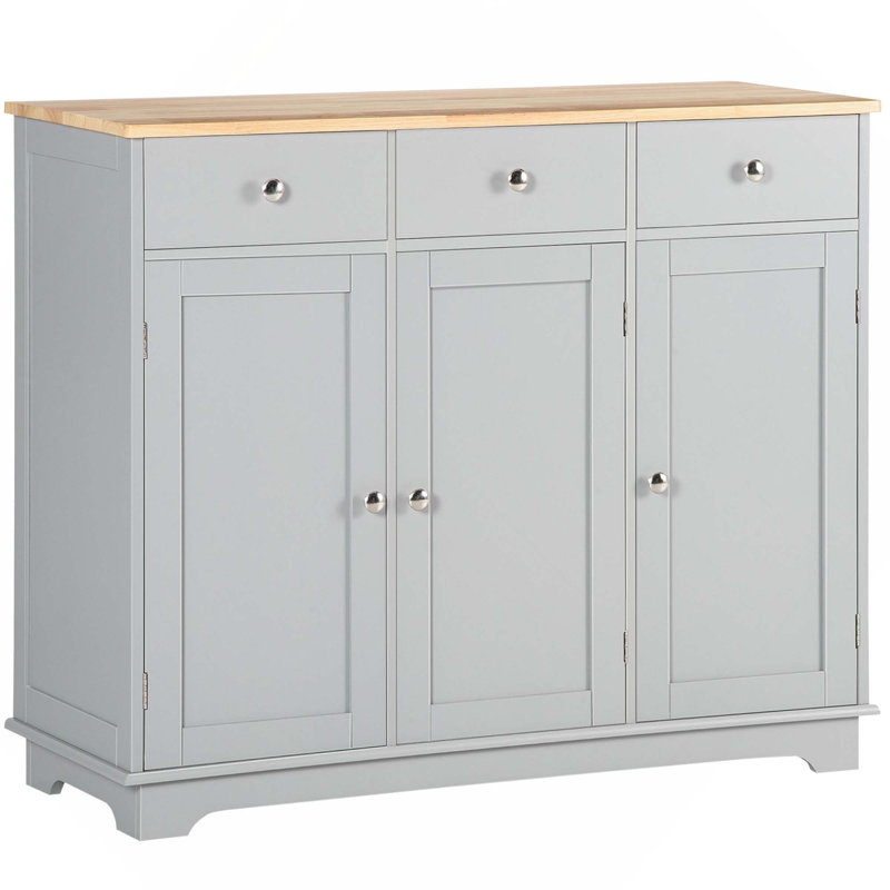 Buffet de cuisine moderne avec comptoir en bois massif, 3 tiroirs, portes et tablette réglable, Gris