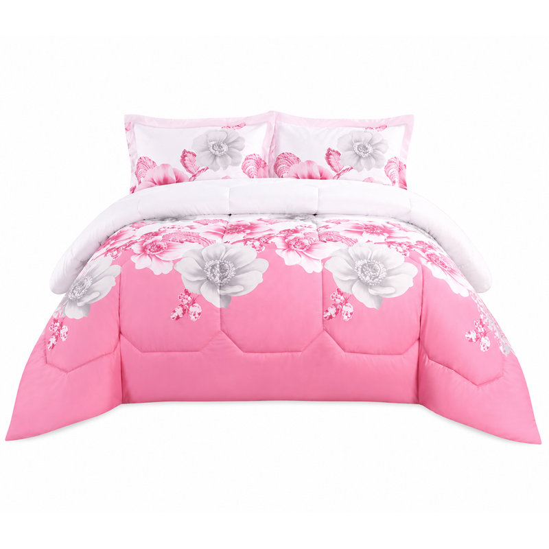 Pink Trendy Printed Bedspread Floral Design Quilted with Pillow Shams, Super King Bedspread + 2 Standard Shams