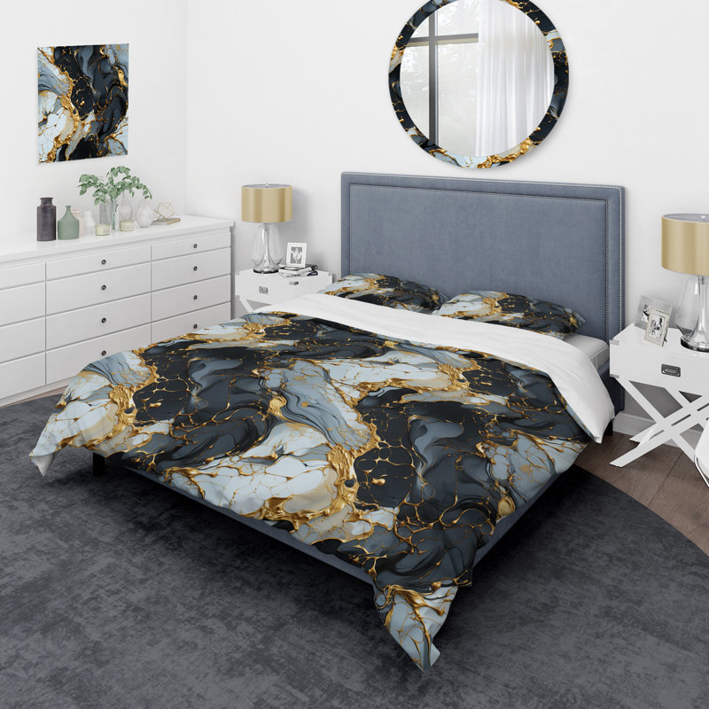 Ensemble de housse de couette en marbre doré doré et noir luxe Marble Splendor