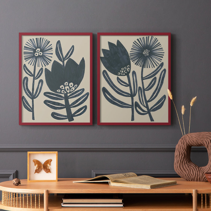 «Blockprint Folk Flowers I», reproduction encadrée de qualité supérieure - prête à être accrochée - aucun clou requis - aucun clou requis