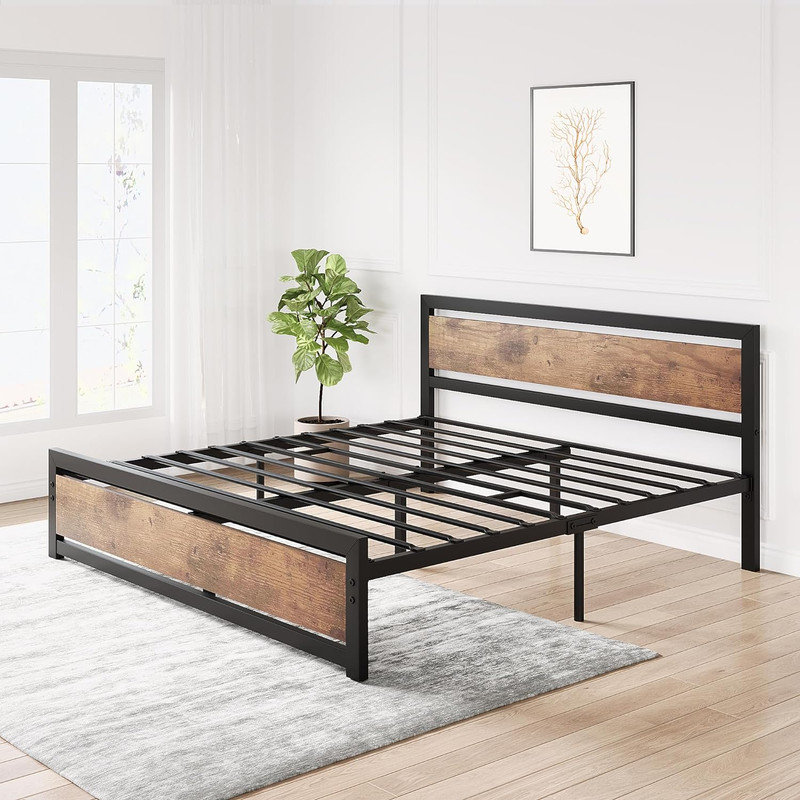 Bed Frame With Headboard And Footboard, 14 Inch Bed Platform No Box Spring Needed, Retro Brown, Full