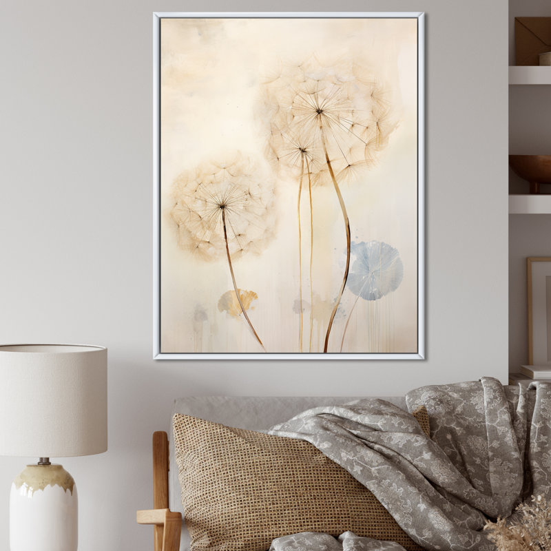 Dandelion Mute Tone IV sur toile, Cadre flottant blanc, H 44 po x l 34 po x P 1,5 po