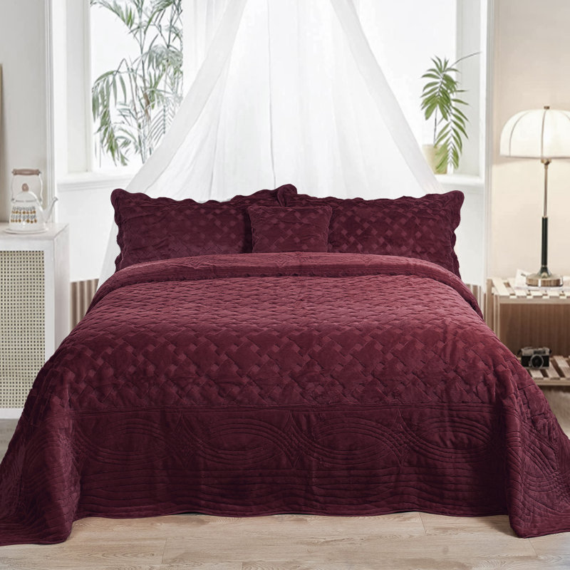 4 Piece Tatami Quilted Faux Fur Set, King Coverlet + 3 Additional Pieces, Burgundy