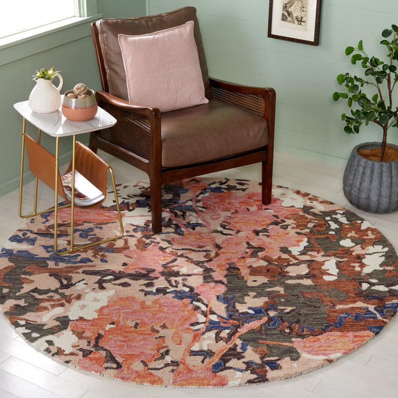 Tapis rose / ivoire en laine / coton touffeté à la main Blossom, Rond 6 pi