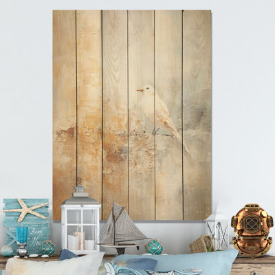 Beige Bird Tranquility - Bird Wood Art On Natural Pine Wood
