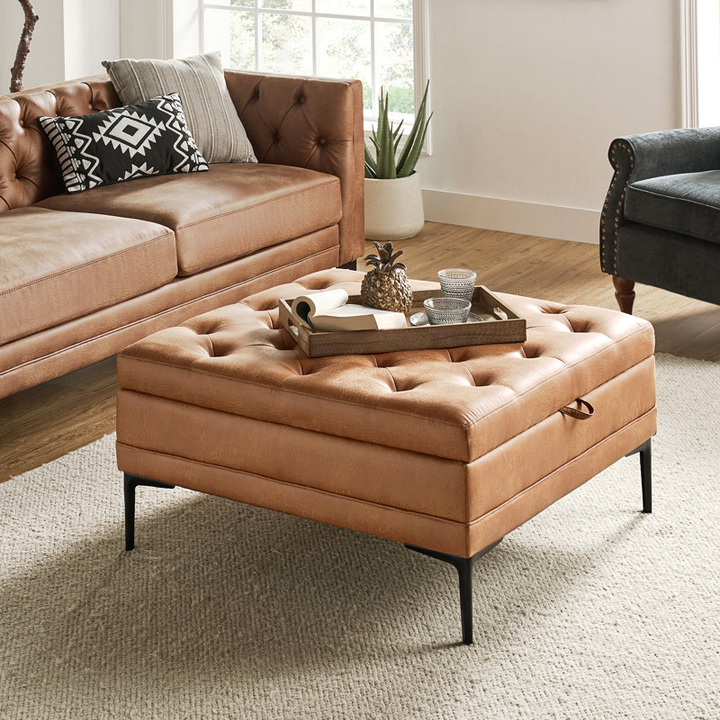 Brinna Upholstered Lift Top Storage Ottoman, Camel Faux Leather
